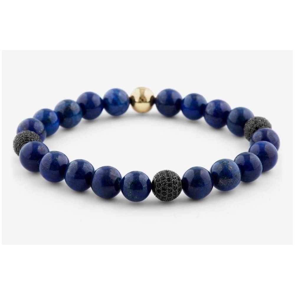 10mm Blue Lapis Lazuli with CZ Black Crystal Ball Stretch Bracelet